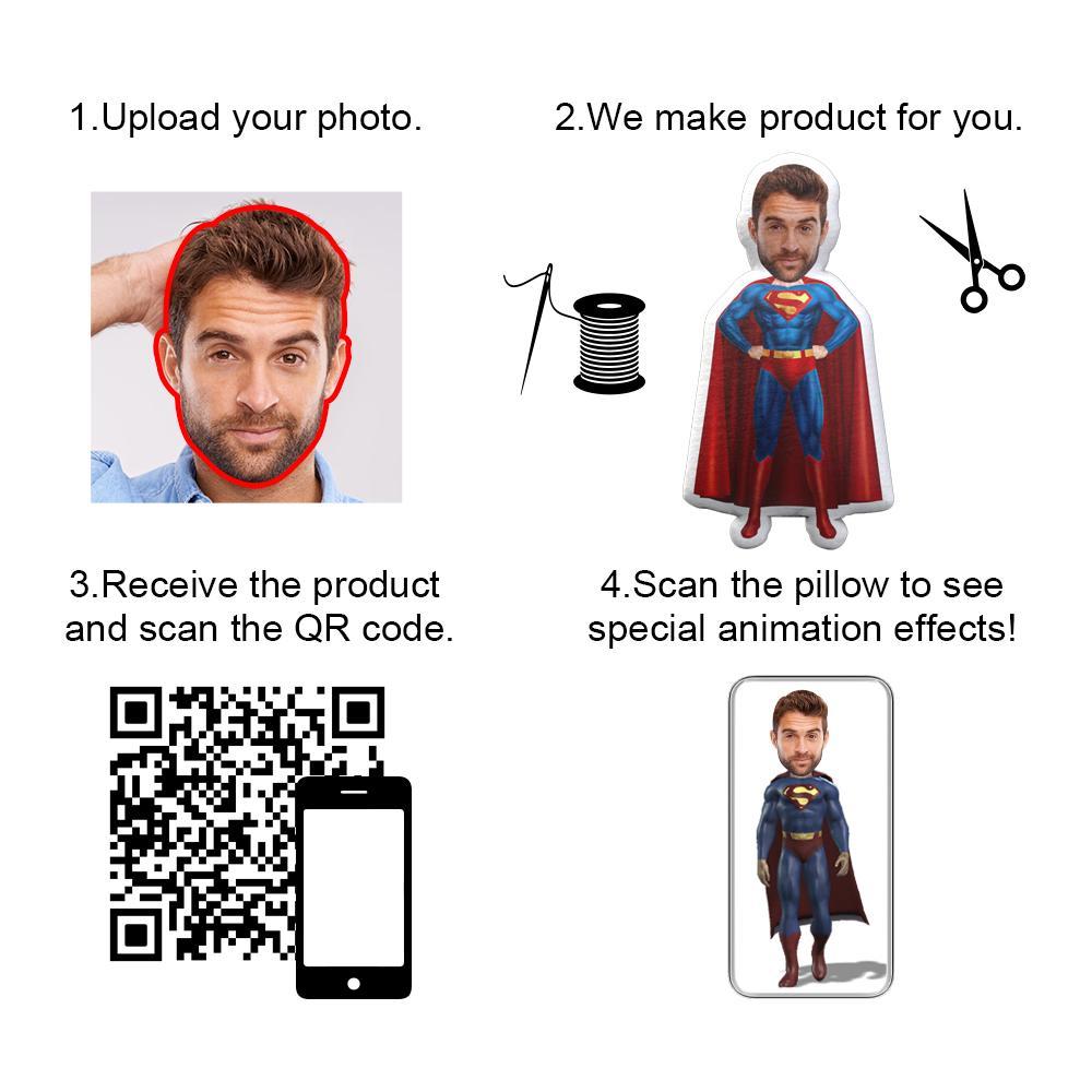 Custom Photo Doll Superman Face Doll Throw Pillow AR View Gift - Get Photo Blanket