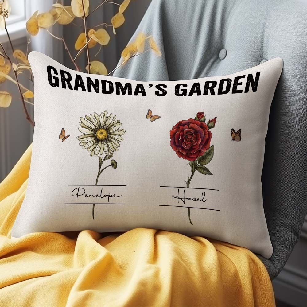 Personalized Birth Month Flower Pillow With Name Vintage Grandma's Garden Pillow Gift For Grandma Mom - Get Photo Blanket