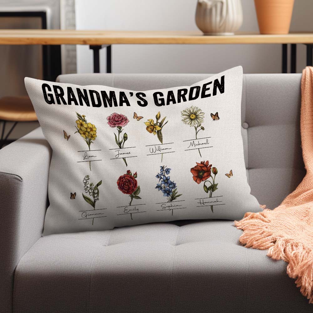 Personalized Birth Month Flower Pillow With Name Vintage Grandma's Garden Pillow Gift For Grandma Mom - Get Photo Blanket