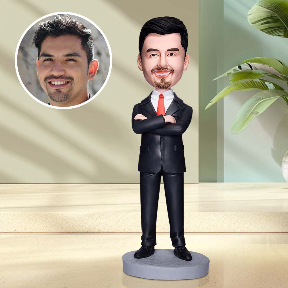 Business Man Arms Folded Custom Bobblehead With Engraved Text Gift For Dad - Get Photo Blanket