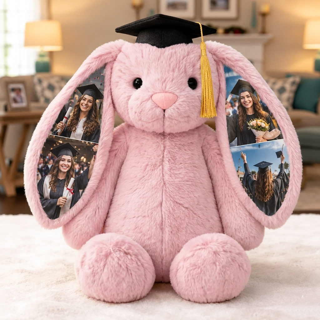 Custom Photo Bunny Plush, Personalized Hidden Ear Memory Bunny with Graduation Cap, Class of 2026 Gift - Get Photo Blanket