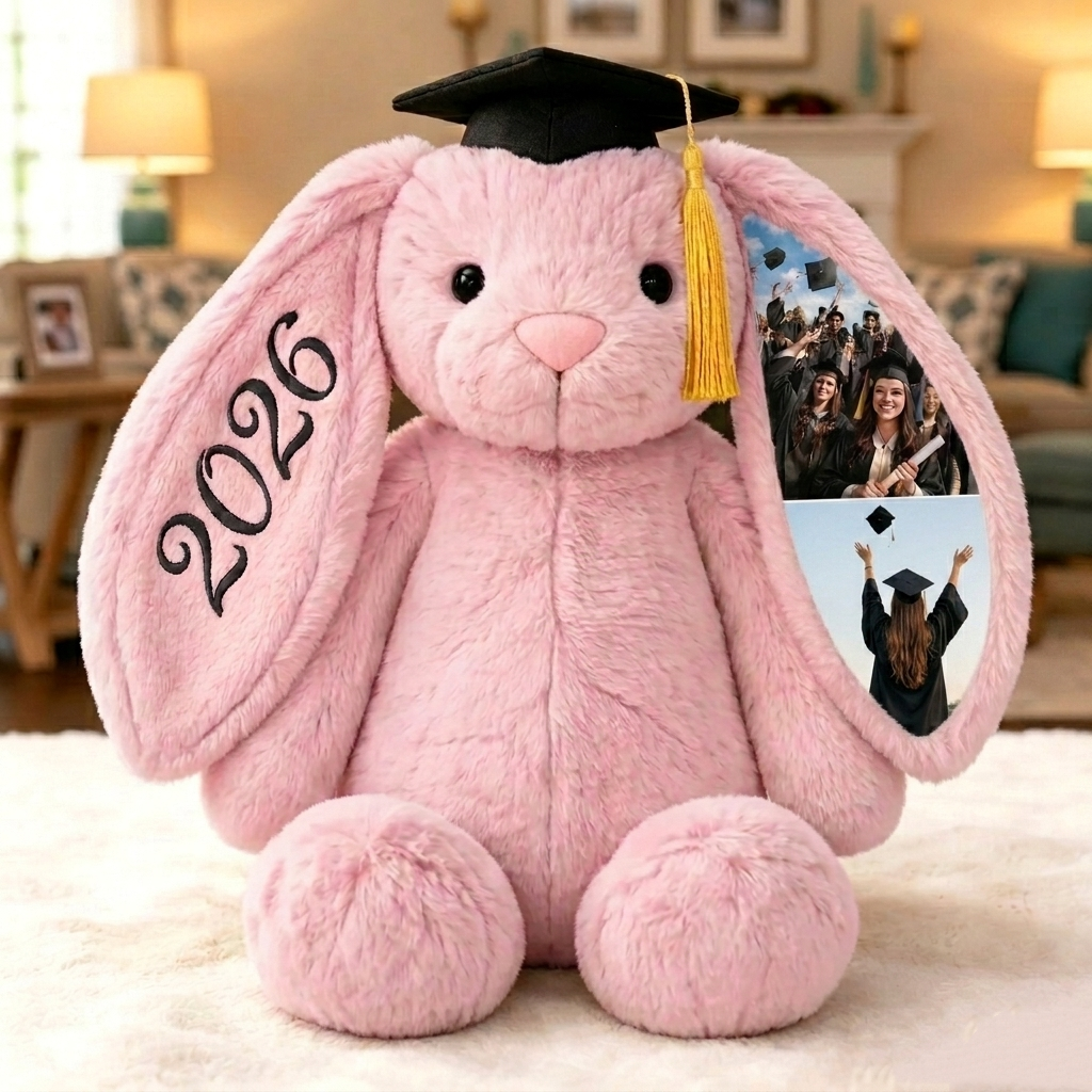 Custom Photo Bunny Plush, Personalized Hidden Ear Memory Bunny with Graduation Cap, Class of 2026 Gift - Get Photo Blanket