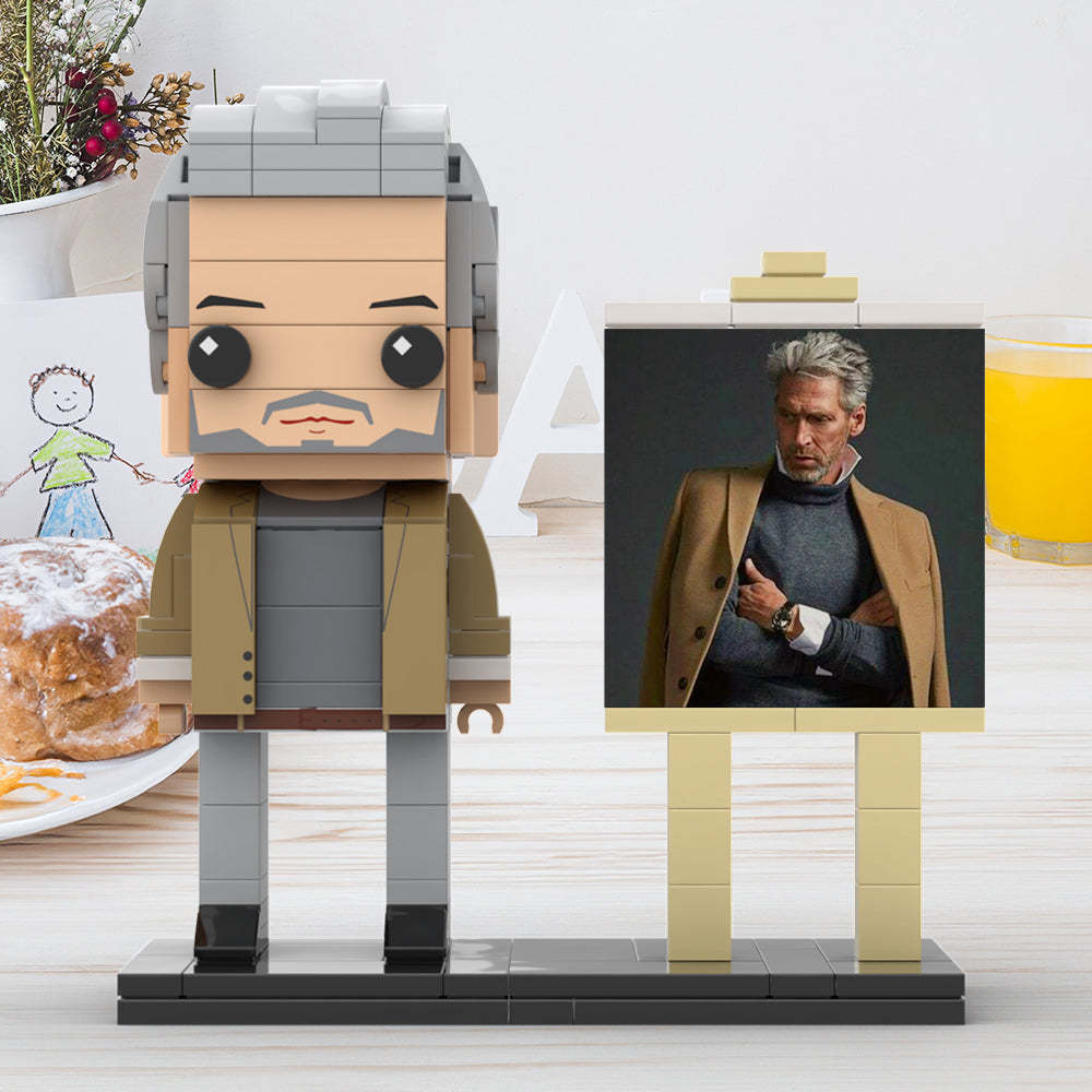 Full Body Customizable 1 Person Cool Grey Hair Daddy In Brown Jacket Custom Brick with Frame Figures Small Particle Block Toy Brick Me Figures For Father's Day - Get Photo Blanket