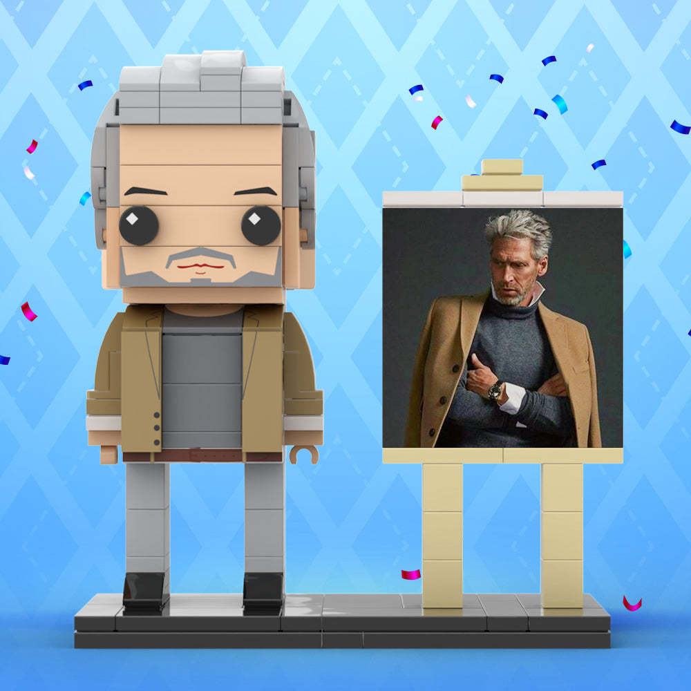 Full Body Customizable 1 Person Cool Grey Hair Daddy In Brown Jacket Custom Brick with Frame Figures Small Particle Block Toy Brick Me Figures For Father's Day - Get Photo Blanket