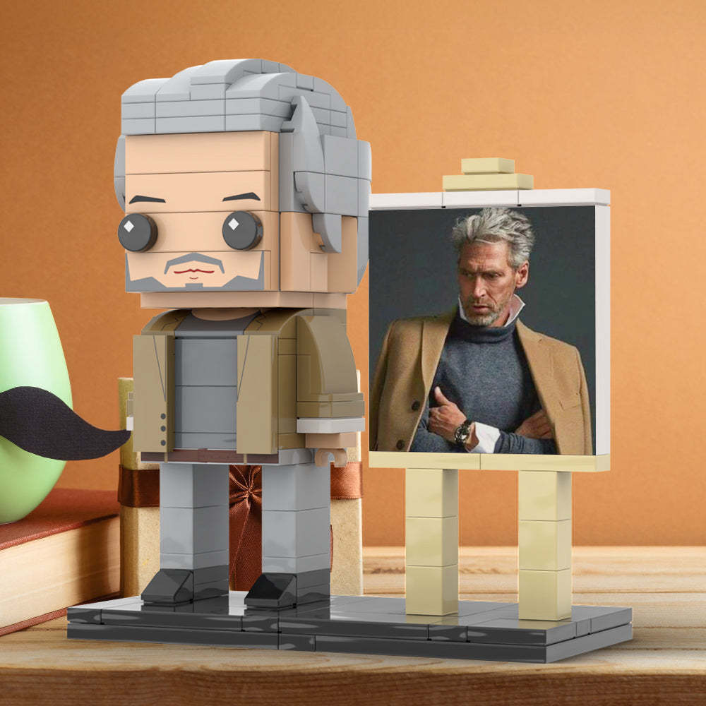 Full Body Customizable 1 Person Cool Grey Hair Daddy In Brown Jacket Custom Brick with Frame Figures Small Particle Block Toy Brick Me Figures For Father's Day - Get Photo Blanket