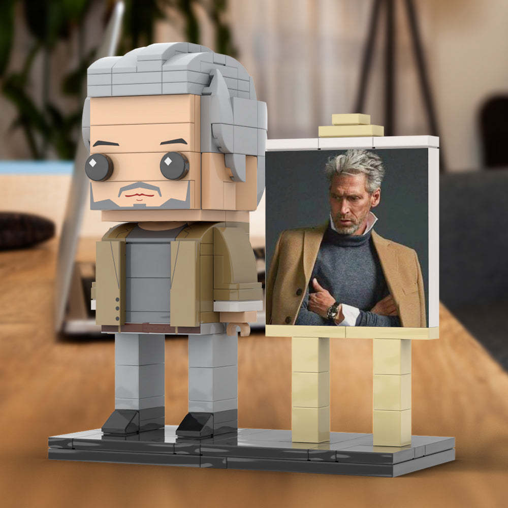 Full Body Customizable 1 Person Cool Grey Hair Daddy In Brown Jacket Custom Brick with Frame Figures Small Particle Block Toy Brick Me Figures For Father's Day - Get Photo Blanket