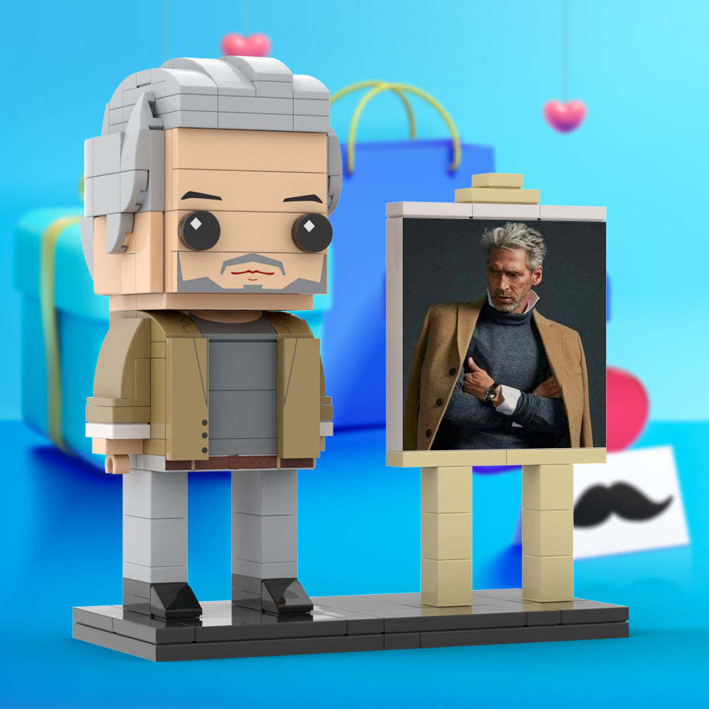 Full Body Customizable 1 Person Cool Grey Hair Daddy In Brown Jacket Custom Brick with Frame Figures Small Particle Block Toy Brick Me Figures For Father's Day - Get Photo Blanket