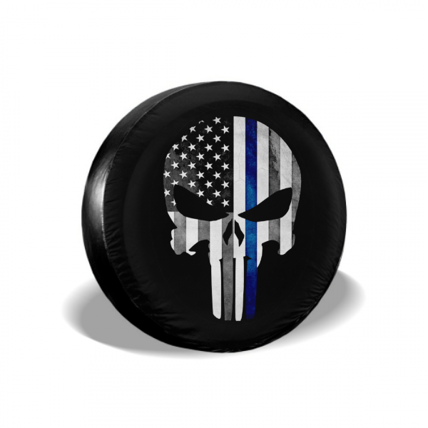 Skull Black White Blue American Flag Spare Tire Cover - MyFaceTshirt
