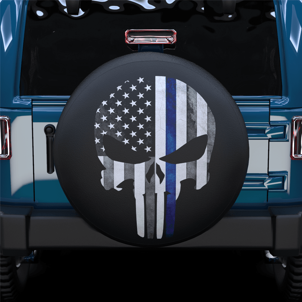 Skull Black White Blue American Flag Spare Tire Cover - MyFaceTshirt