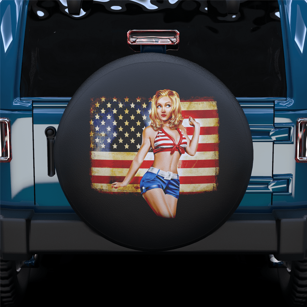 Beauty Girl And American Flag Spare Tire Cover - MyFaceTshirt