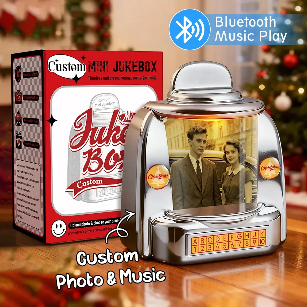 Custom Mini Jukebox Retro Speaker – Personalized Photo & 2 Songs Mini Player with Radio | Vintage Tabletop Home Decor Nostalgic Gift - Get Photo Blanket