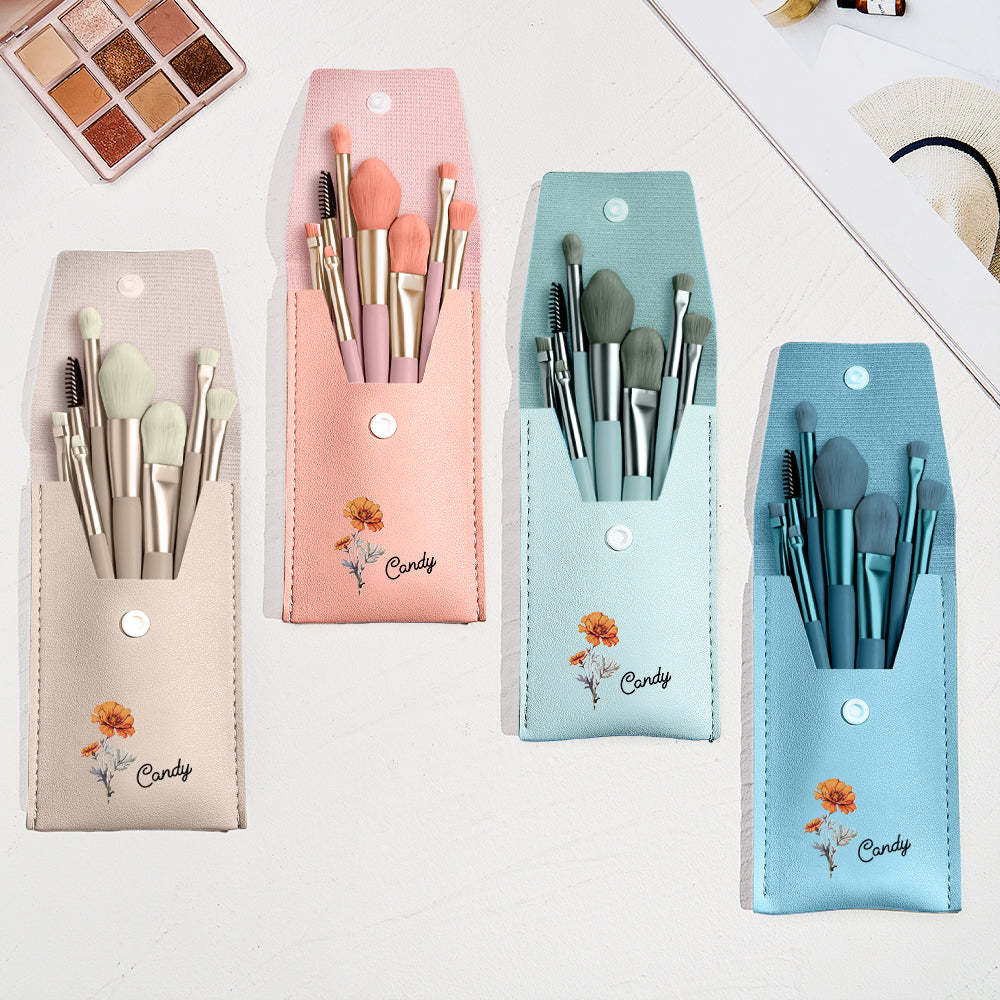 Personalized Birth Flower Leather Makeup Brush Bag with 8 Pcs Makeup Brushes Birthday Wedding Gift - Get Photo Blanket