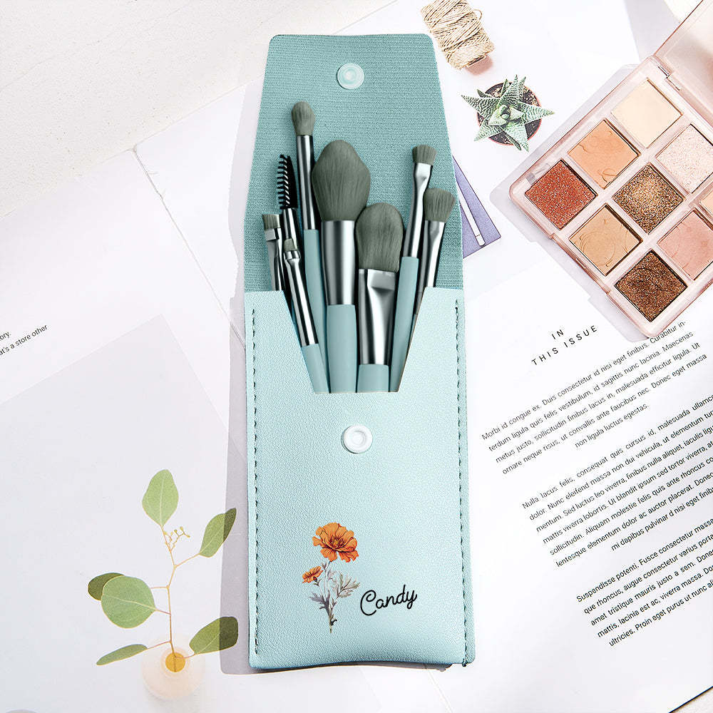 Personalized Birth Flower Leather Makeup Brush Bag with 8 Pcs Makeup Brushes Birthday Wedding Gift - Get Photo Blanket