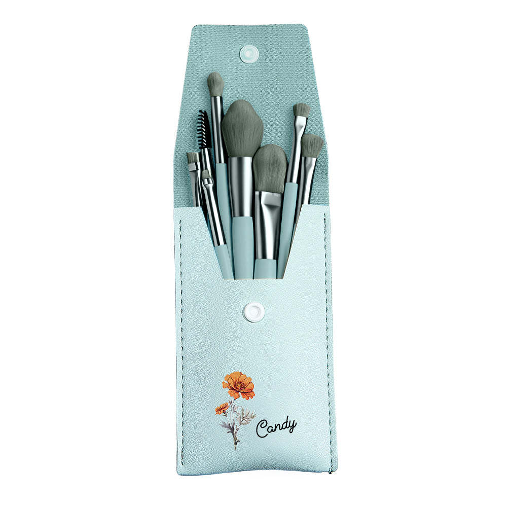 Personalized Birth Flower Leather Makeup Brush Bag with 8 Pcs Makeup Brushes Birthday Wedding Gift - Get Photo Blanket