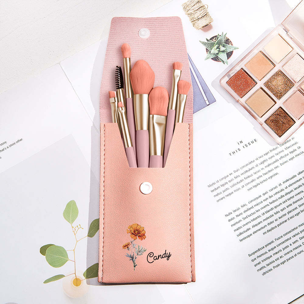 Personalized Birth Flower Leather Makeup Brush Bag with 8 Pcs Makeup Brushes Birthday Wedding Gift - Get Photo Blanket