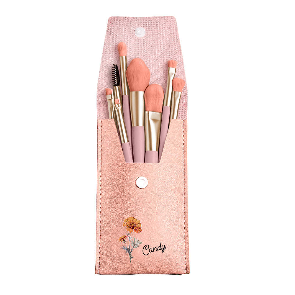 Personalized Birth Flower Leather Makeup Brush Bag with 8 Pcs Makeup Brushes Birthday Wedding Gift - Get Photo Blanket