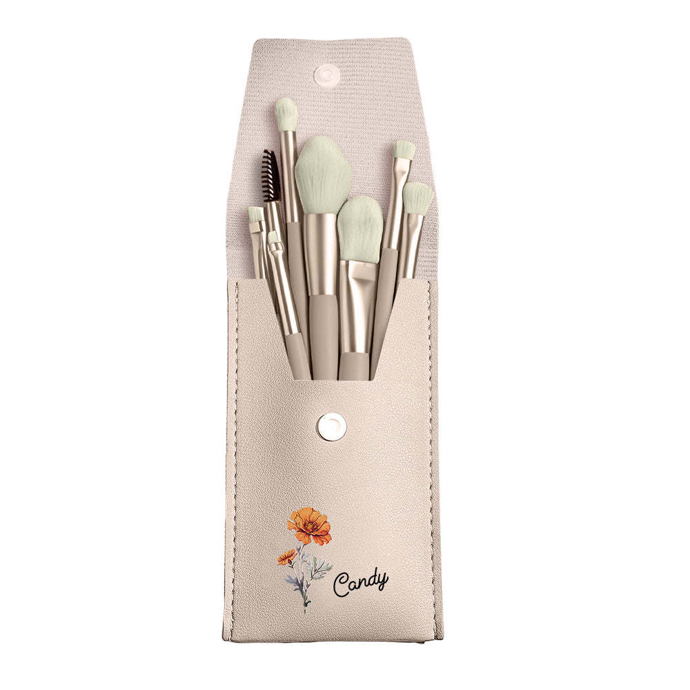 Personalized Birth Flower Leather Makeup Brush Bag with 8 Pcs Makeup Brushes Birthday Wedding Gift - Get Photo Blanket