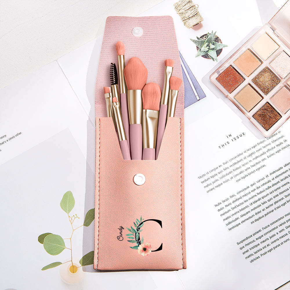 Personalized Flower Leather Makeup Brush Bag with 8 Pcs Makeup Brushes Gift for Her - Get Photo Blanket