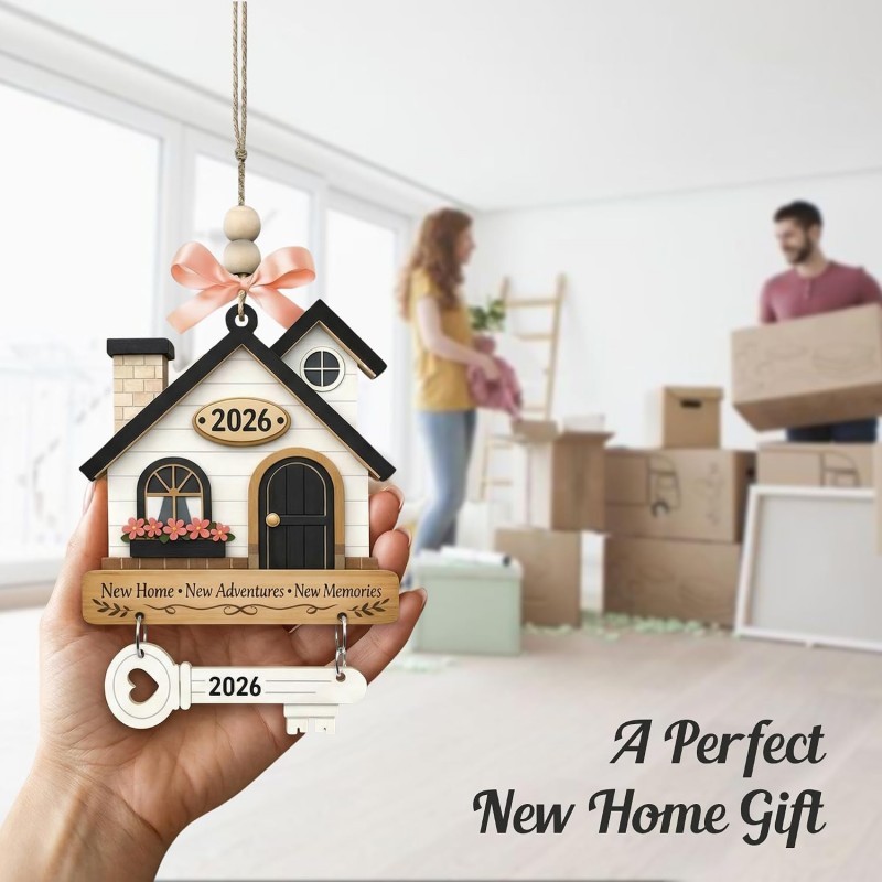 New Home Gift Wooden House Ornament - Housewarming Key Pendant Decor