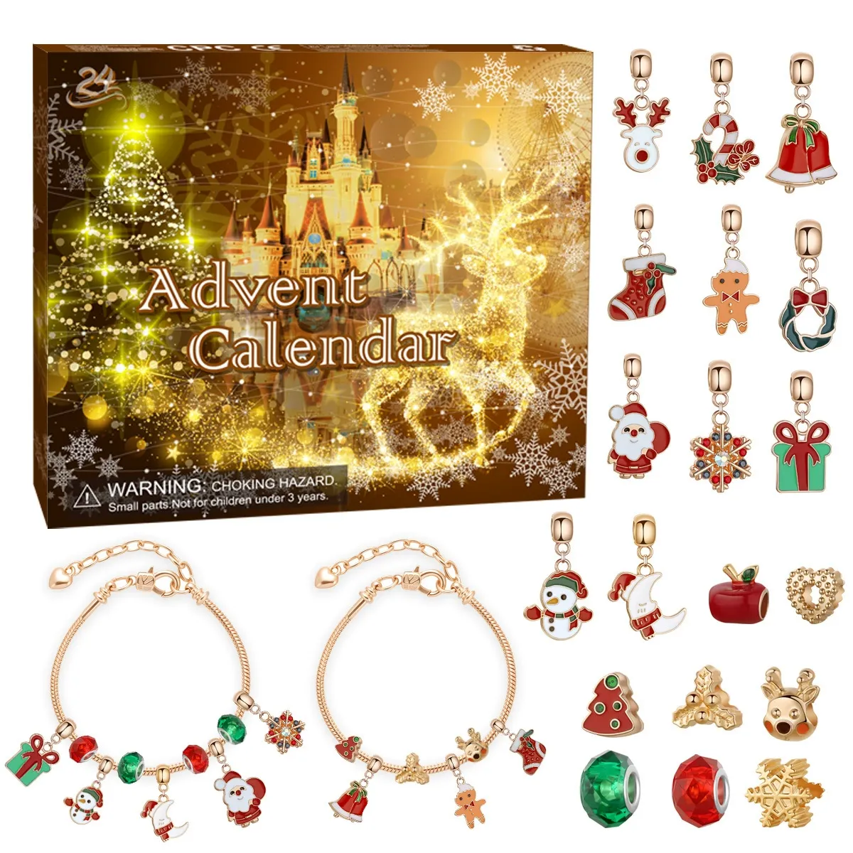 Christmas Princess Advent Calendar Bracelet 24 Days of Christmas Countdown Calendar Jewellery Blind Box, DIY Jewelry Making Kit with Charm Beads, DIY Christmas Bracelet Gifts for Girls