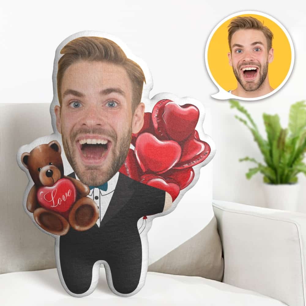 Valentine's Day Gift Custom Face Pillow, Cartoon Male in Suit Hold Bear Face Doll, the Best Gift for Lover