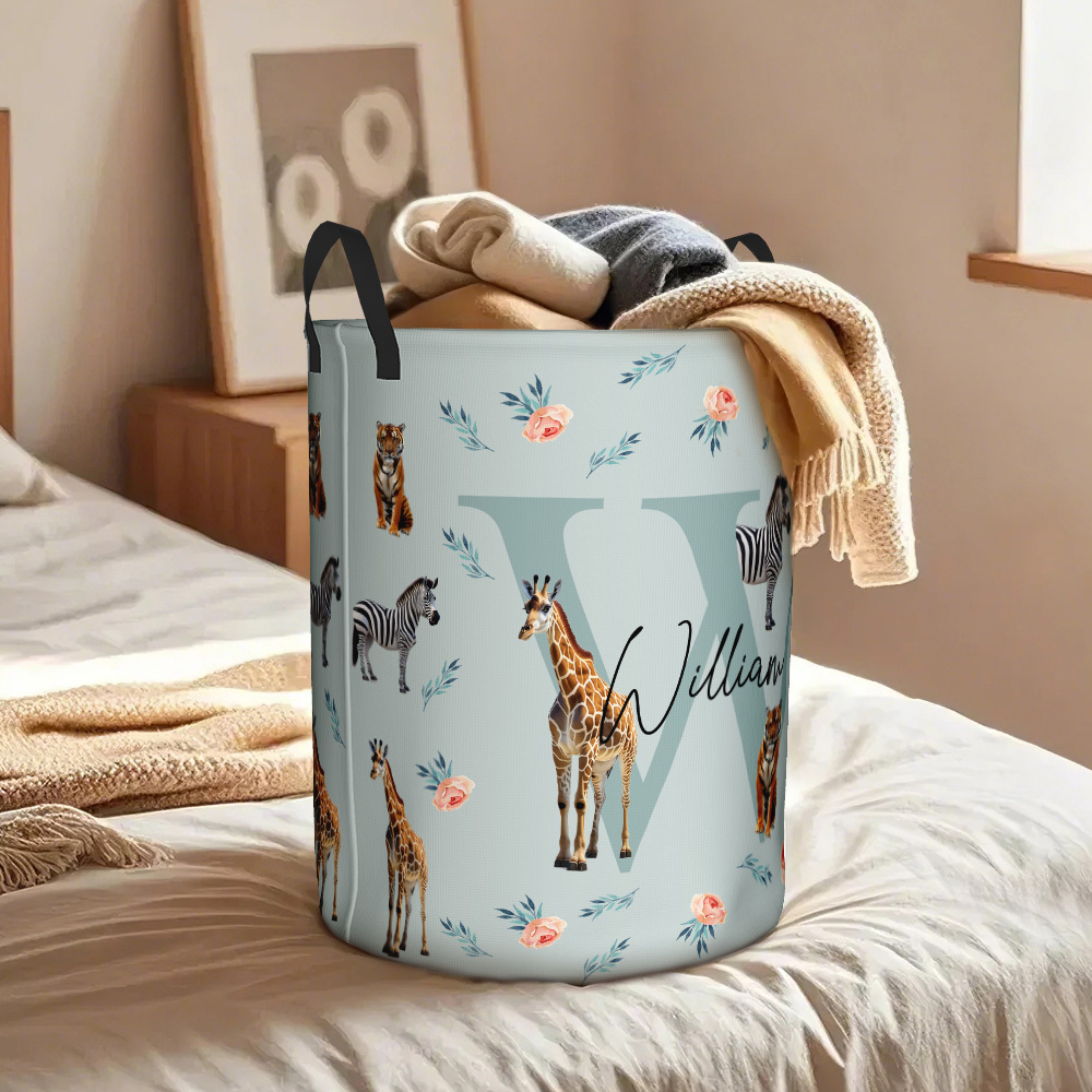 Personalized Jungle Animal Large Toy Laundry Basket with Name and Initial Waterproof Oxford Cloth Baby Shower Housewarming Gift for Family Kids