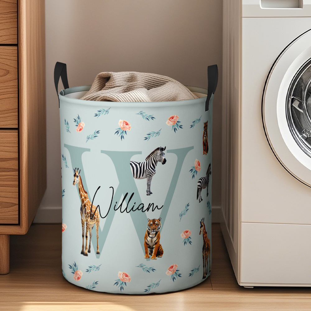 Personalized Jungle Animal Large Toy Laundry Basket with Name and Initial Waterproof Oxford Cloth Baby Shower Housewarming Gift for Family Kids