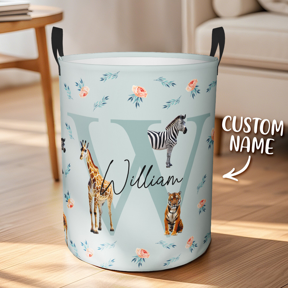Personalized Jungle Animal Large Toy Laundry Basket with Name and Initial Waterproof Oxford Cloth Baby Shower Housewarming Gift for Family Kids
