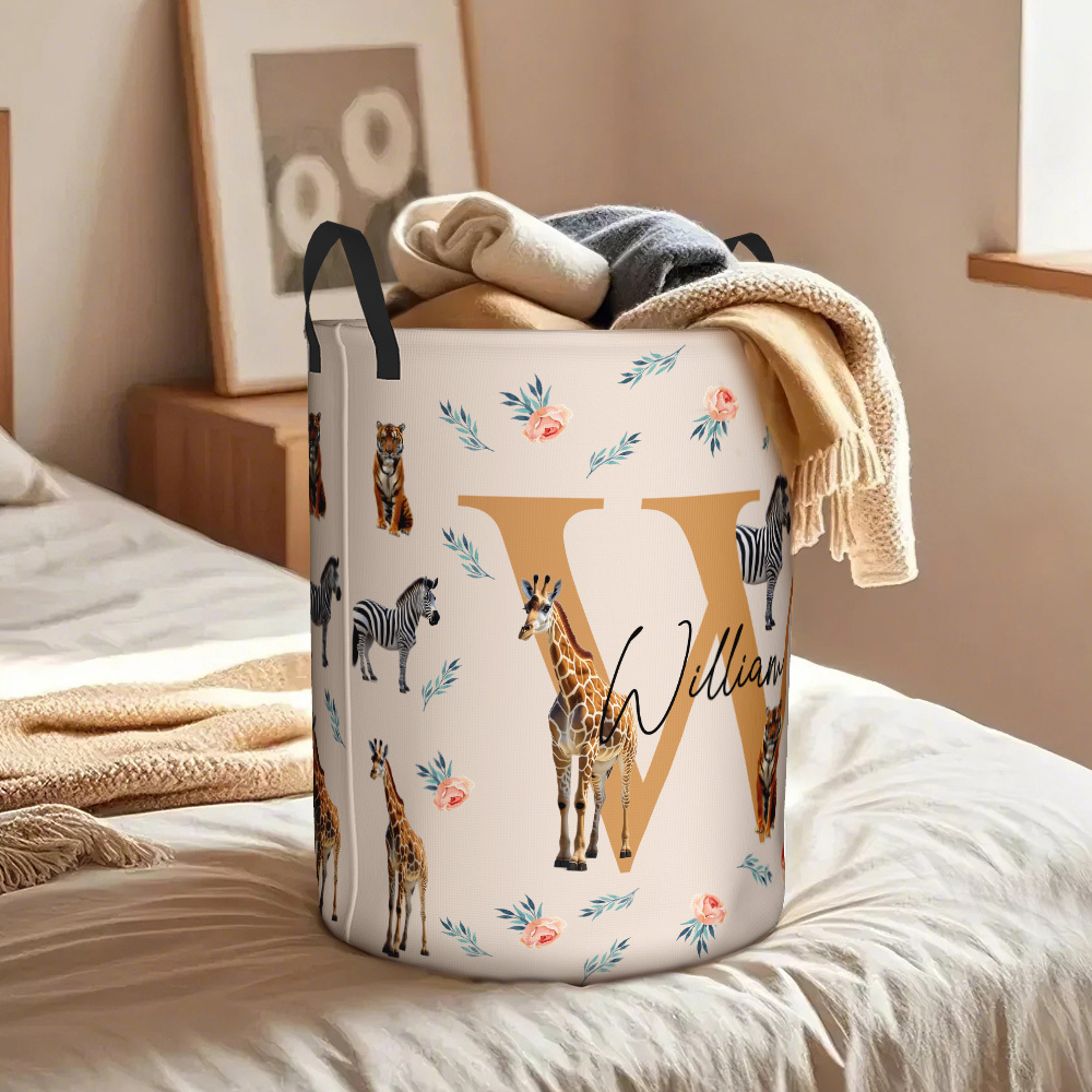 Personalized Jungle Animal Large Toy Laundry Basket with Name and Initial Waterproof Oxford Cloth Baby Shower Housewarming Gift for Family Kids