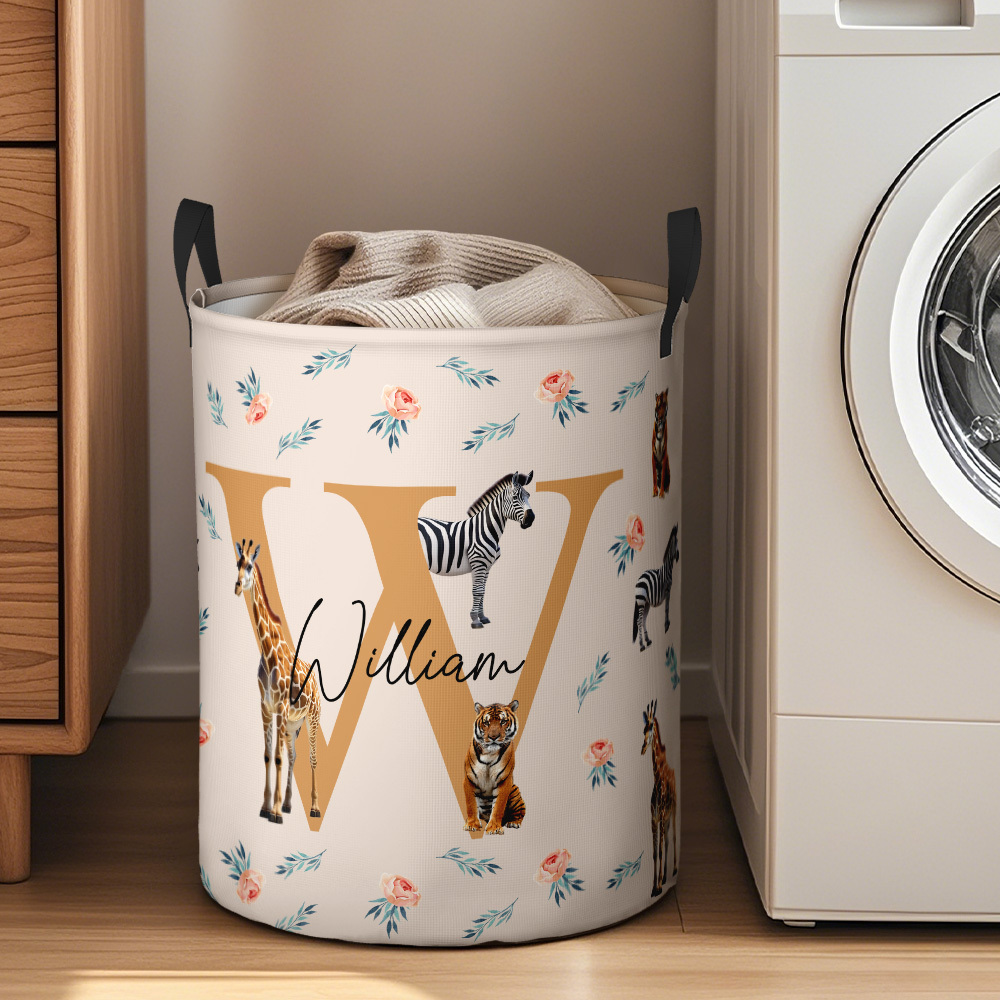 Personalized Jungle Animal Large Toy Laundry Basket with Name and Initial Waterproof Oxford Cloth Baby Shower Housewarming Gift for Family Kids