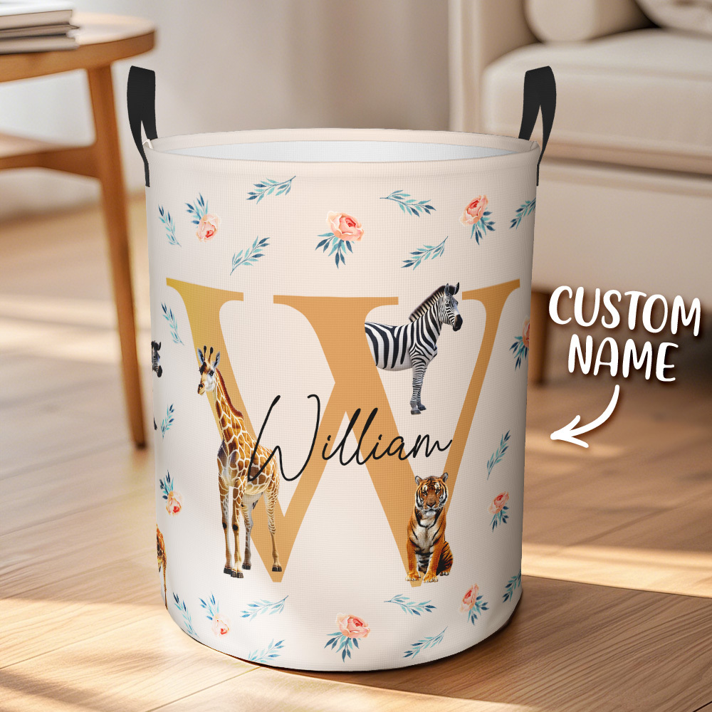 Personalized Jungle Animal Large Toy Laundry Basket with Name and Initial Waterproof Oxford Cloth Baby Shower Housewarming Gift for Family Kids