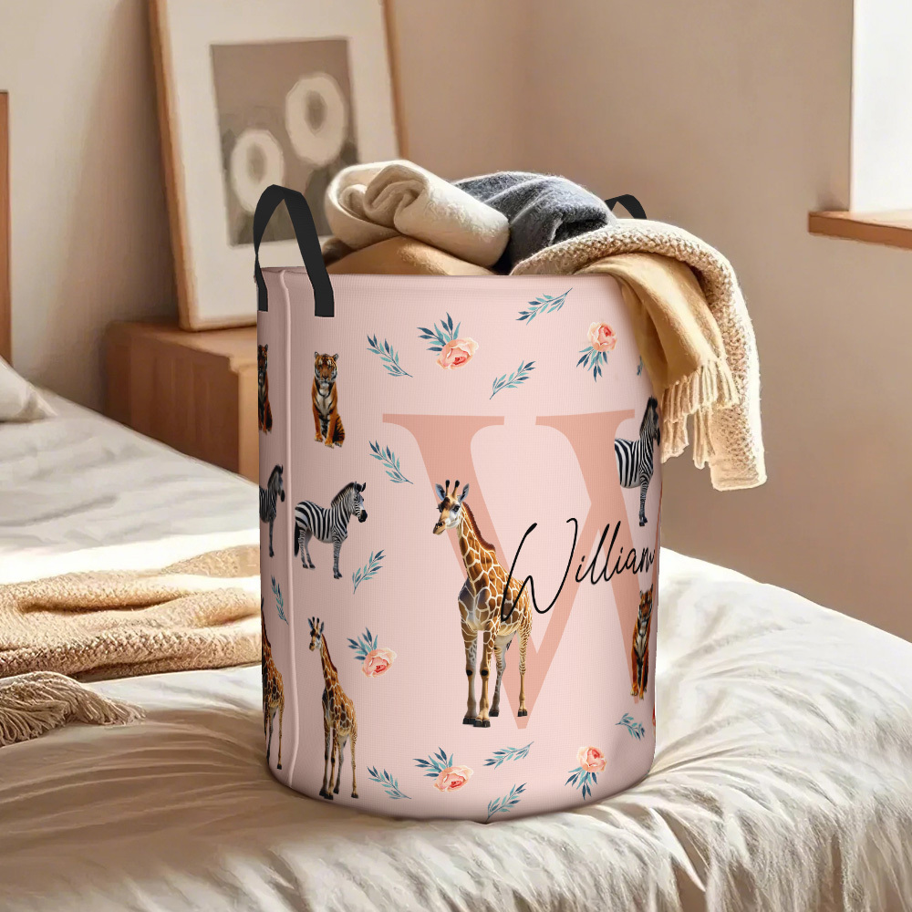 Personalized Jungle Animal Large Toy Laundry Basket with Name and Initial Waterproof Oxford Cloth Baby Shower Housewarming Gift for Family Kids