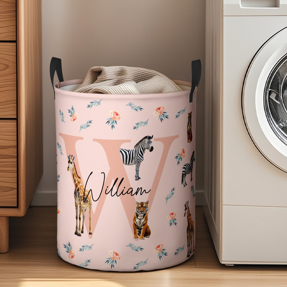 Personalized Jungle Animal Large Toy Laundry Basket with Name and Initial Waterproof Oxford Cloth Baby Shower Housewarming Gift for Family Kids