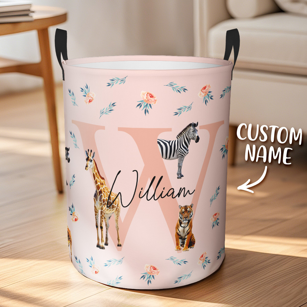 Personalized Jungle Animal Large Toy Laundry Basket with Name and Initial Waterproof Oxford Cloth Baby Shower Housewarming Gift for Family Kids
