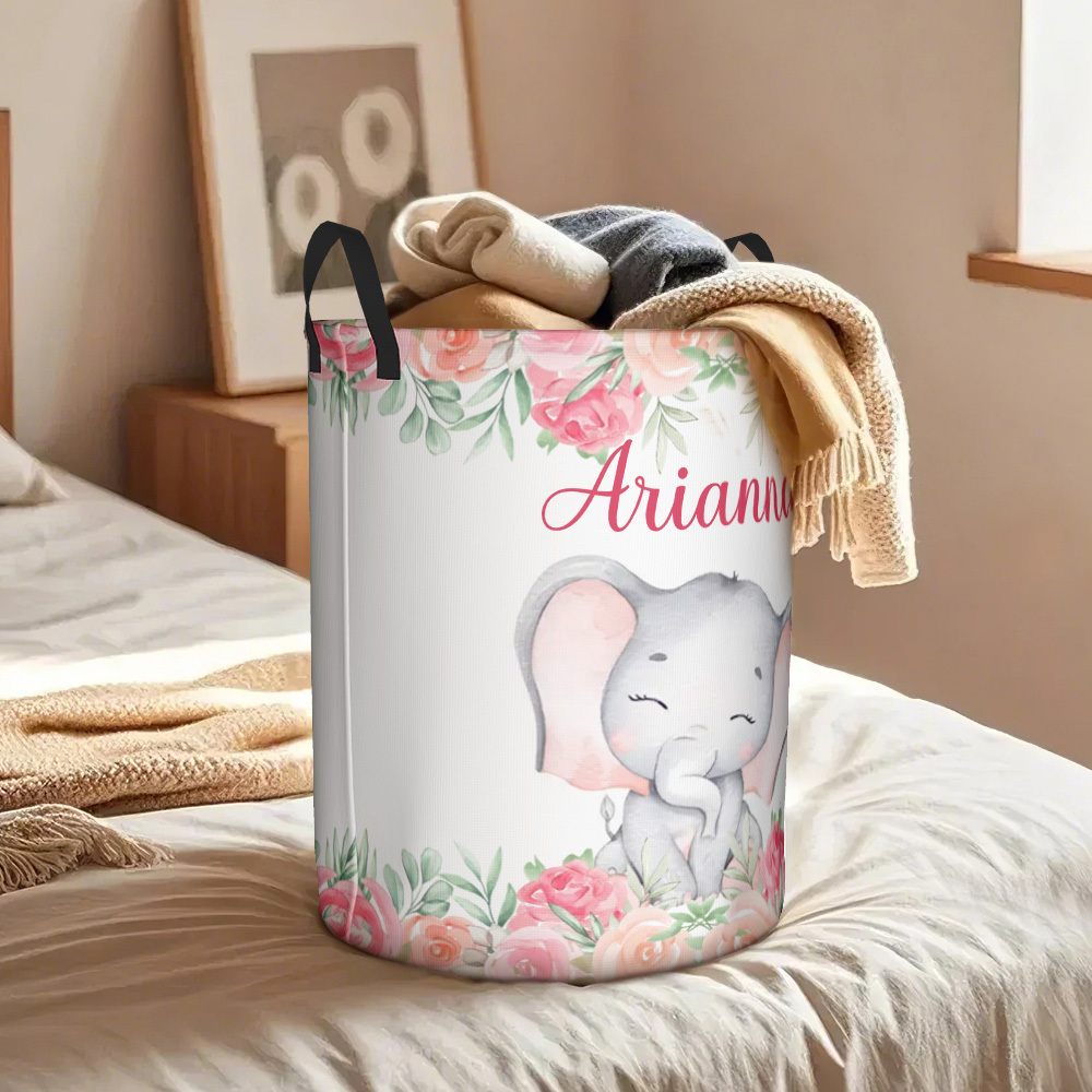 Personalized Floral Elephant Storage Basket Waterproof Laundry Basket with Name Birthday Gift for Children
