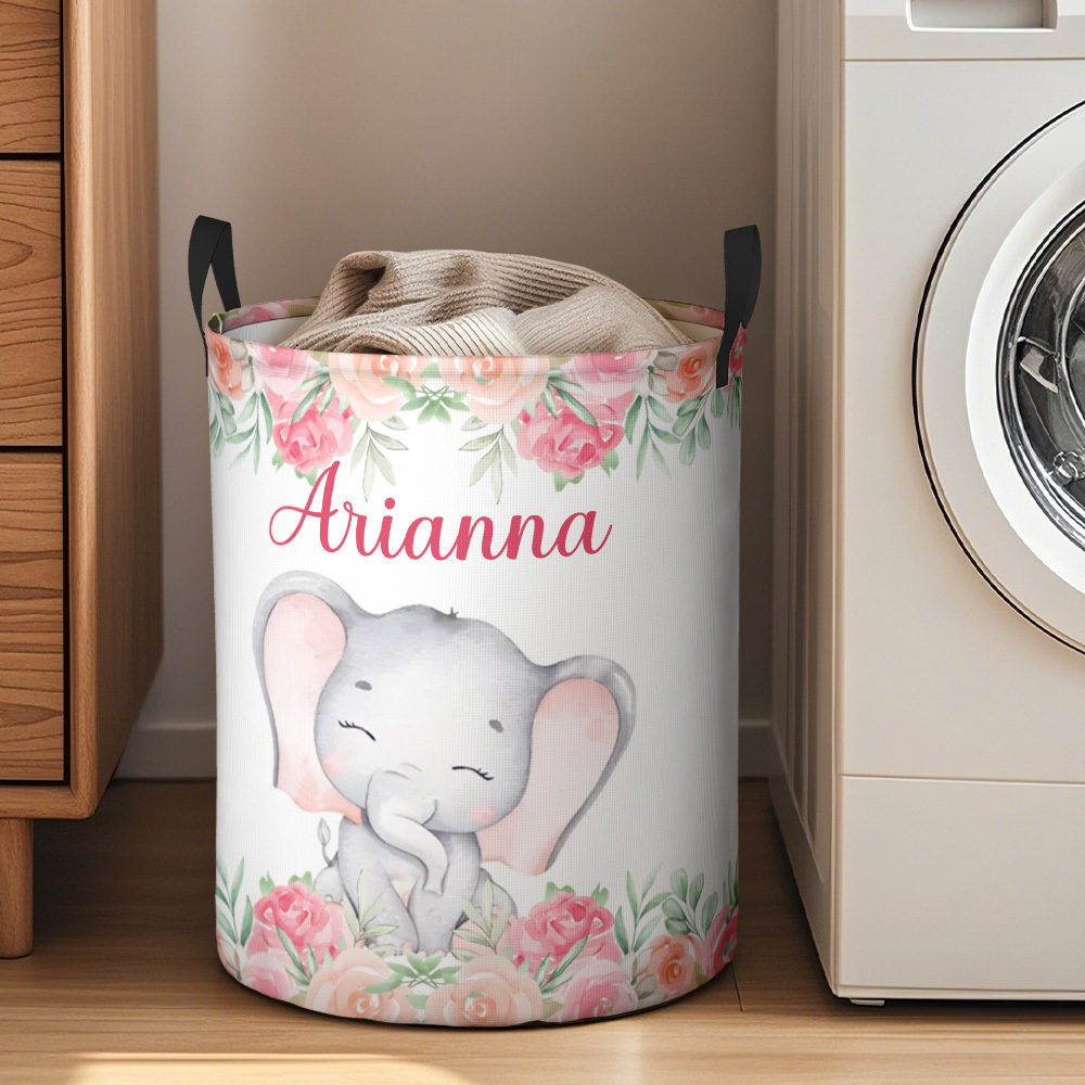 Personalized Floral Elephant Storage Basket Waterproof Laundry Basket with Name Birthday Gift for Children