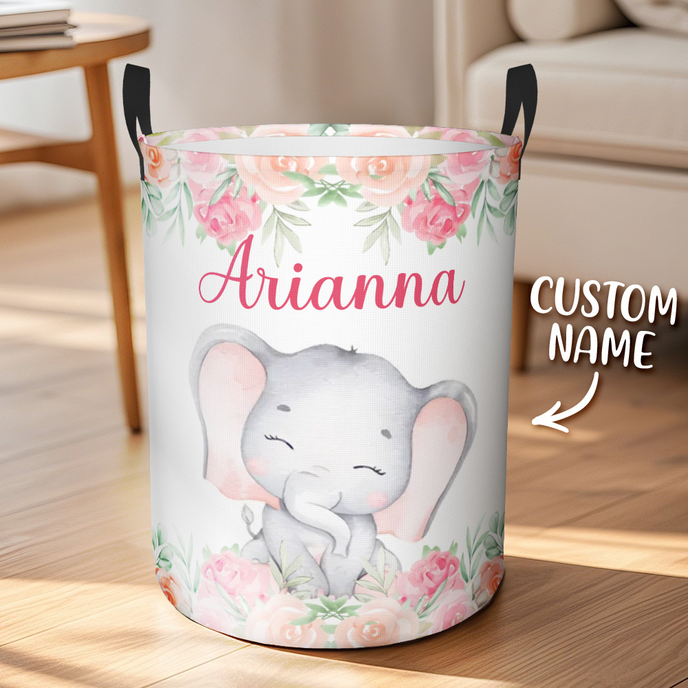 Personalized Floral Elephant Storage Basket Waterproof Laundry Basket with Name Birthday Gift for Children