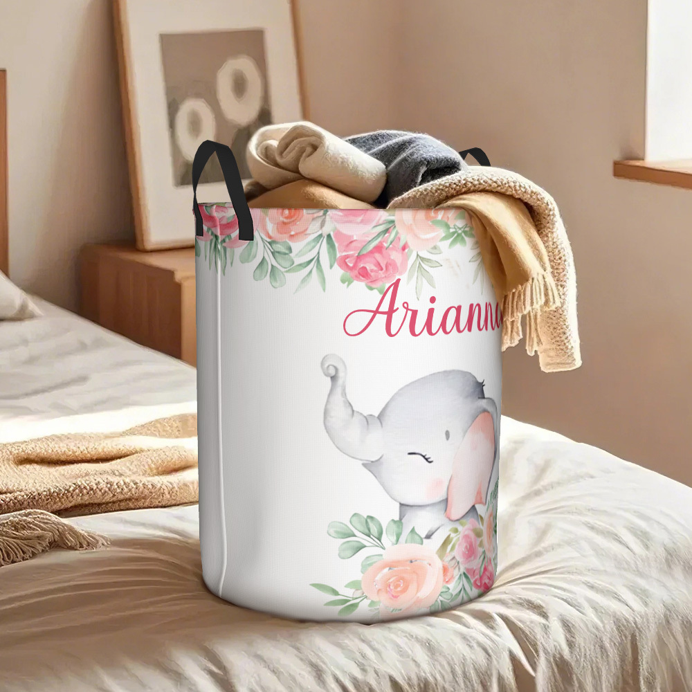 Personalized Floral Elephant Storage Basket Waterproof Laundry Basket with Name Birthday Gift for Children