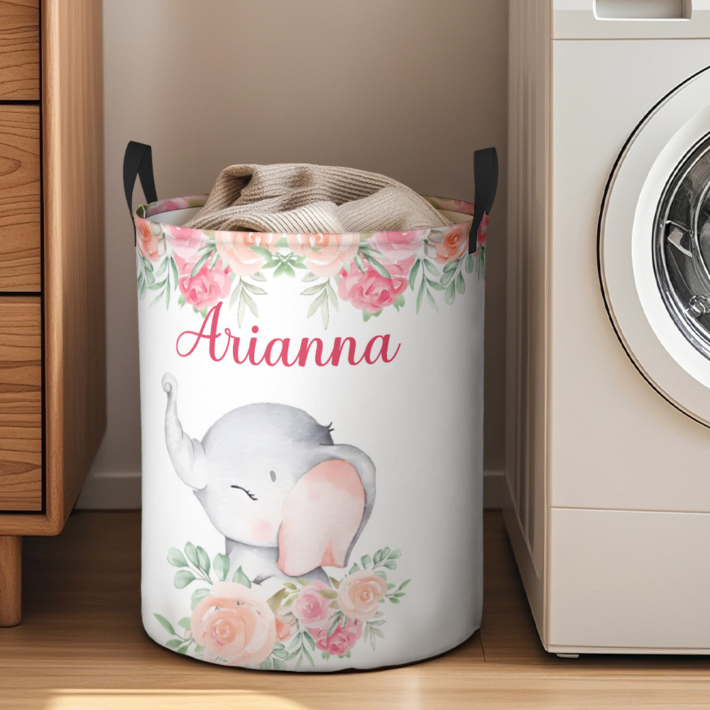 Personalized Floral Elephant Storage Basket Waterproof Laundry Basket with Name Birthday Gift for Children