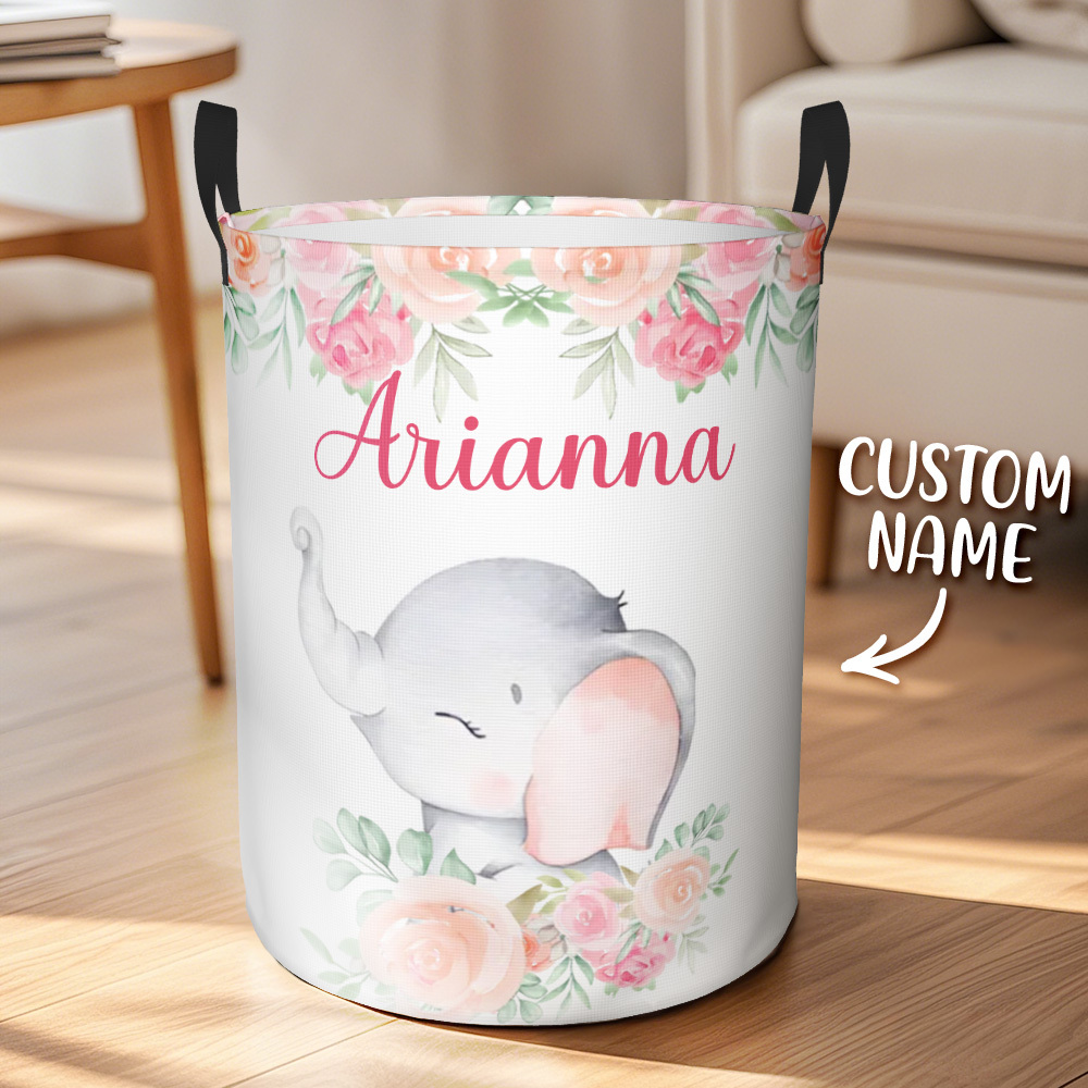 Personalized Floral Elephant Storage Basket Waterproof Laundry Basket with Name Birthday Gift for Children