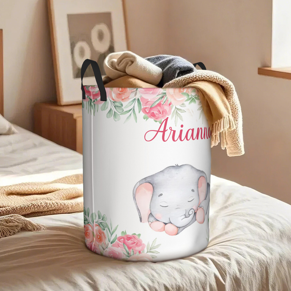 Personalized Floral Elephant Storage Basket Waterproof Laundry Basket with Name Birthday Gift for Children