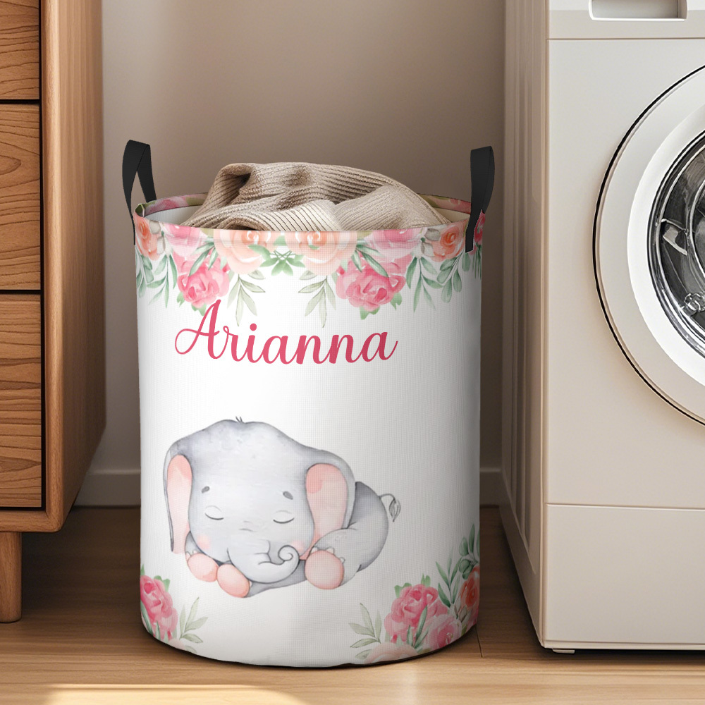 Personalized Floral Elephant Storage Basket Waterproof Laundry Basket with Name Birthday Gift for Children