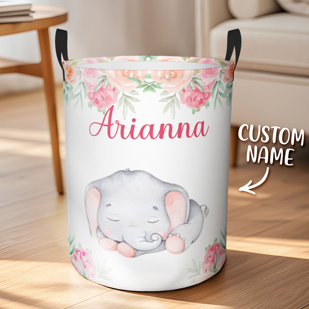 Personalized Floral Elephant Storage Basket Waterproof Laundry Basket with Name Birthday Gift for Children