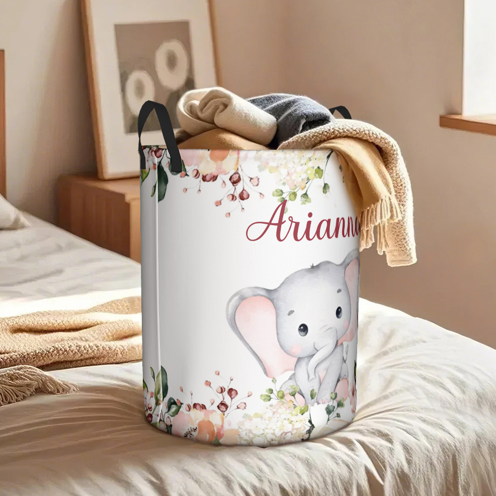 Personalized Floral Elephant Storage Basket Waterproof Laundry Basket with Name Birthday Gift for Children