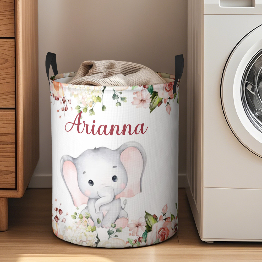 Personalized Floral Elephant Storage Basket Waterproof Laundry Basket with Name Birthday Gift for Children
