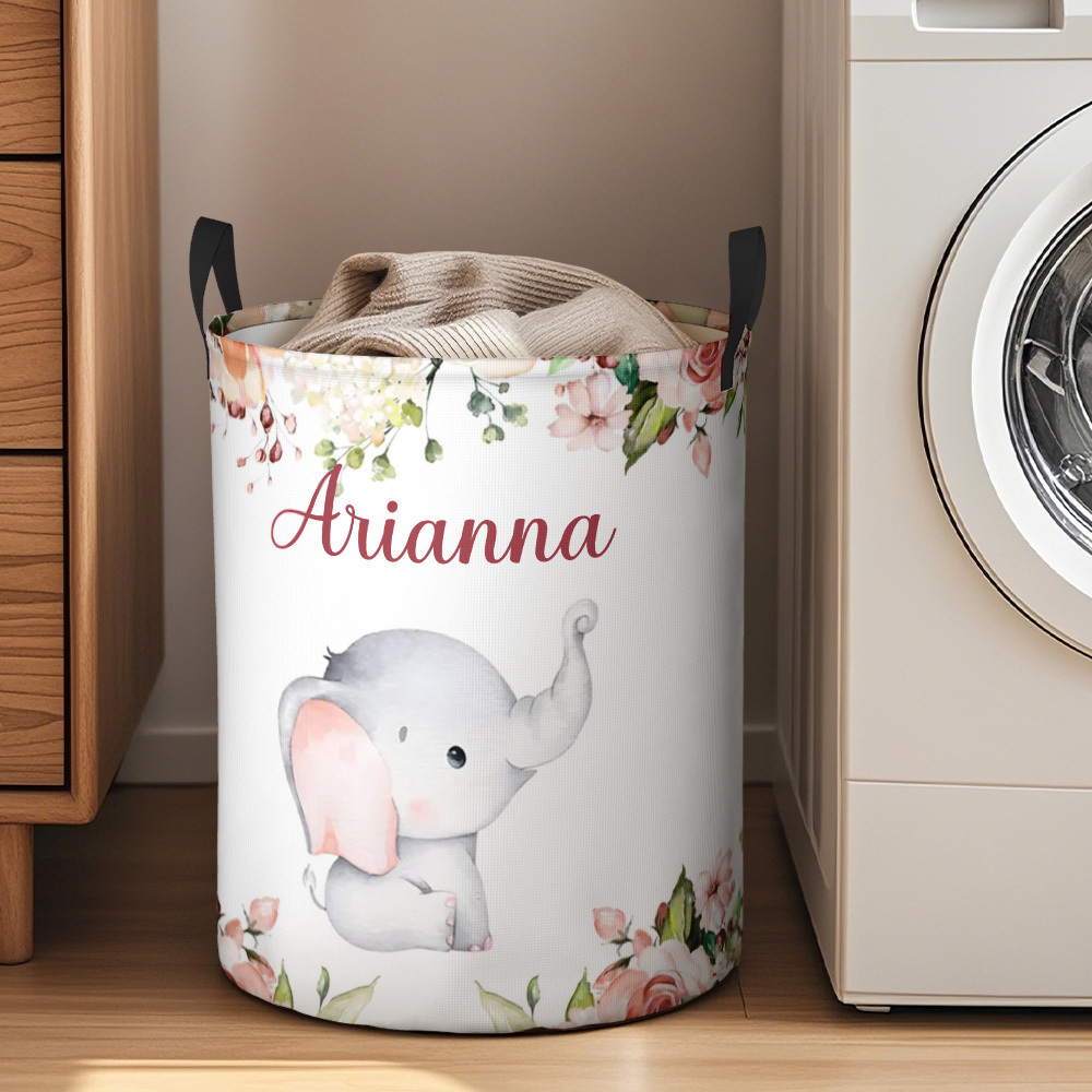 Personalized Floral Elephant Storage Basket Waterproof Laundry Basket with Name Birthday Gift for Children