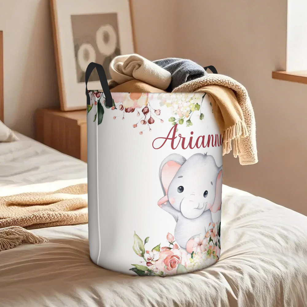 Personalized Floral Elephant Storage Basket Waterproof Laundry Basket with Name Birthday Gift for Children