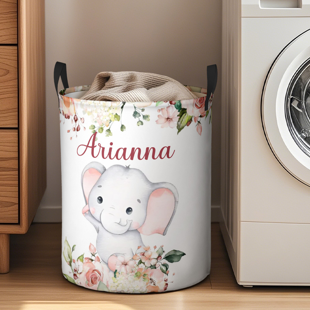 Personalized Floral Elephant Storage Basket Waterproof Laundry Basket with Name Birthday Gift for Children