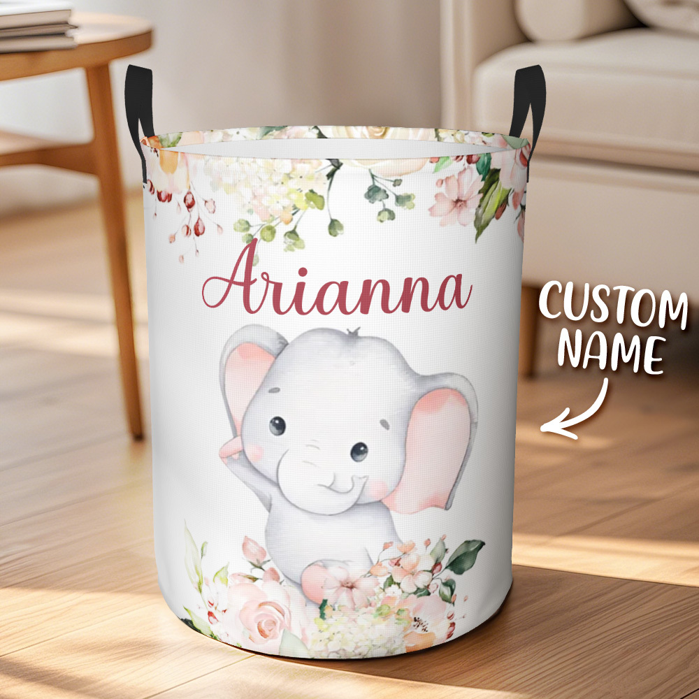 Personalized Floral Elephant Storage Basket Waterproof Laundry Basket with Name Birthday Gift for Children