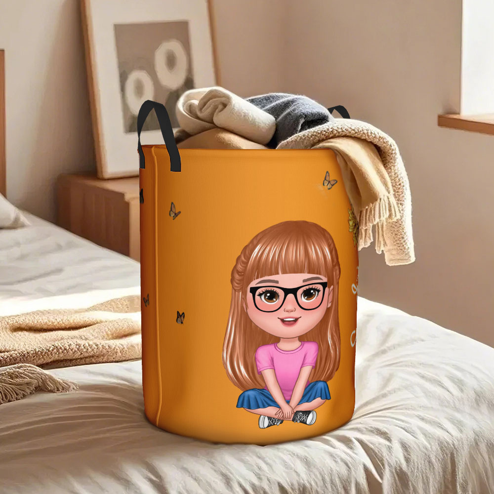 Personalized Solid Color Storage Basket Cartoon Character Birth Flower Name Laundry Basket